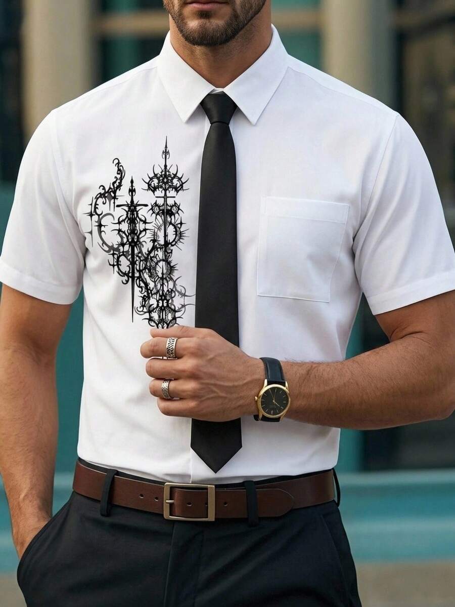 Manfinity VCAY Men's Fashion Vintage Print Single-Breasted Short Sleeve Pocket Shirt - White - View 1