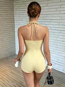 INAWLY 女款夏季新款性感修身蕾絲掛脖短款緊身連身褲，淡黃色，適合夜店派對 - 黃色 - 查看 2