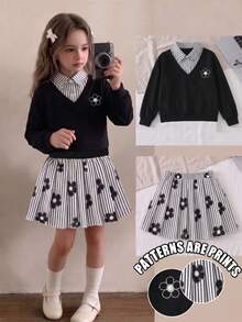 SHEIN Elladie kids 青少年女孩運動衫套裝，黑白配色，連帽衫 + 慢跑褲 2 件組，秋冬款，80年代風，圓領，字母印花，抓絨校園穿搭 - 黑色 - 查看 1