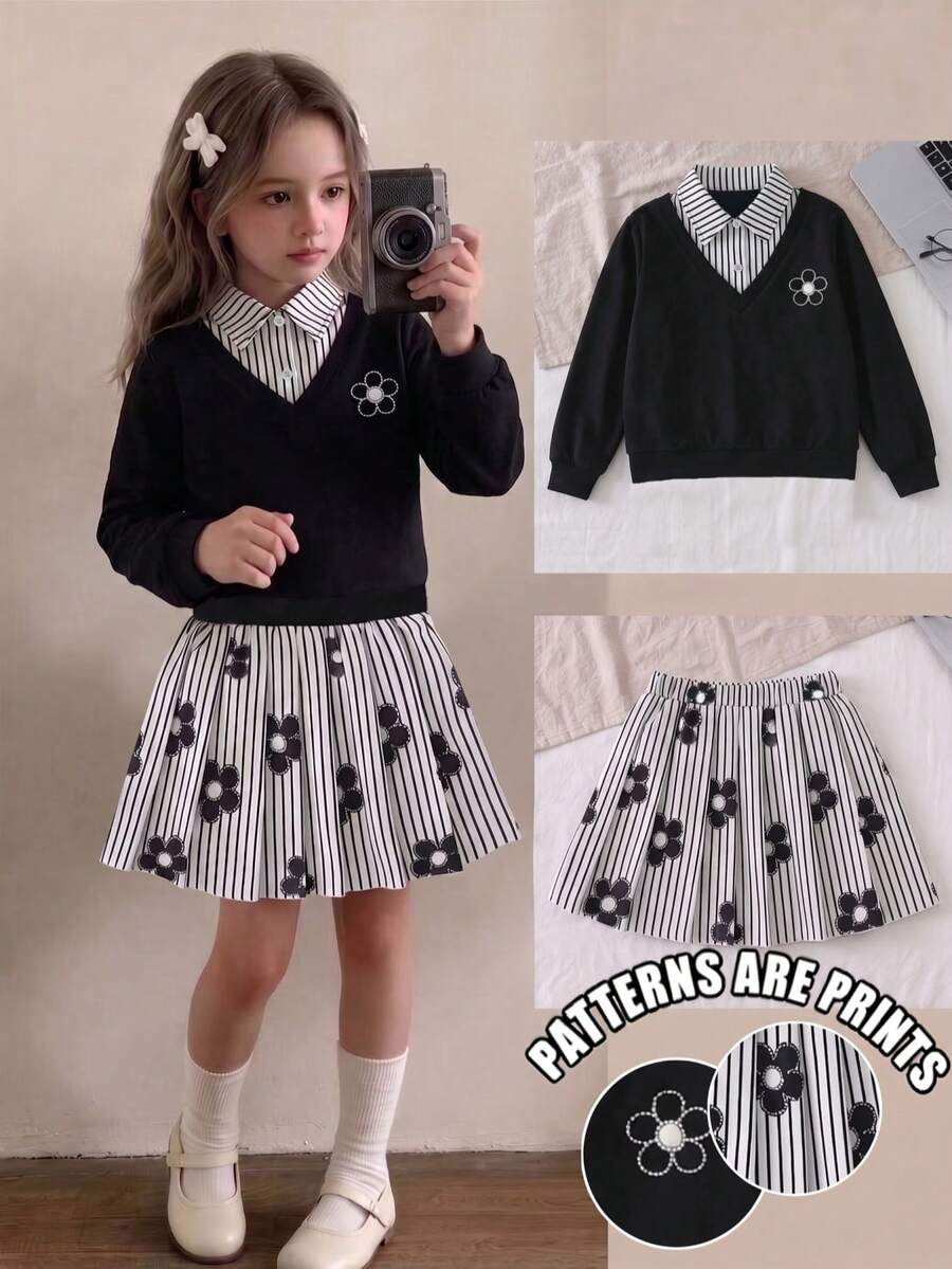 SHEIN Elladie kids 青少年女孩運動衫套裝,黑白配色,連帽衫 + 慢跑褲 2 件組,秋冬款,80年代風,圓領,字母印花,抓絨校園穿搭 - 黑色 - 查看 1