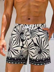 Manfinity Swimmode Men's Geometric Pattern Drawstring Fashion Beach Holiday Vacation Shorts, Suitable For Daily Wear White Summer Tropical Boho - Black and White - View 5