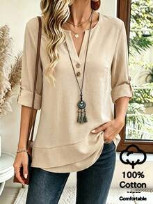 SHEIN Oatmeal Solid Color Washed Textured Round Neck Half-Open V-Placket With Two Brown Wooden Buttons Cuff Button Loops Foldable Double-Layer Asymmetrical Curved Hem Loose Mid-Length Shirt - Apricot - View 2