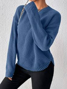 SHEIN 女款素色圓領落肩長袖休閒套頭針織衫 - Dark Blue - 查看 3