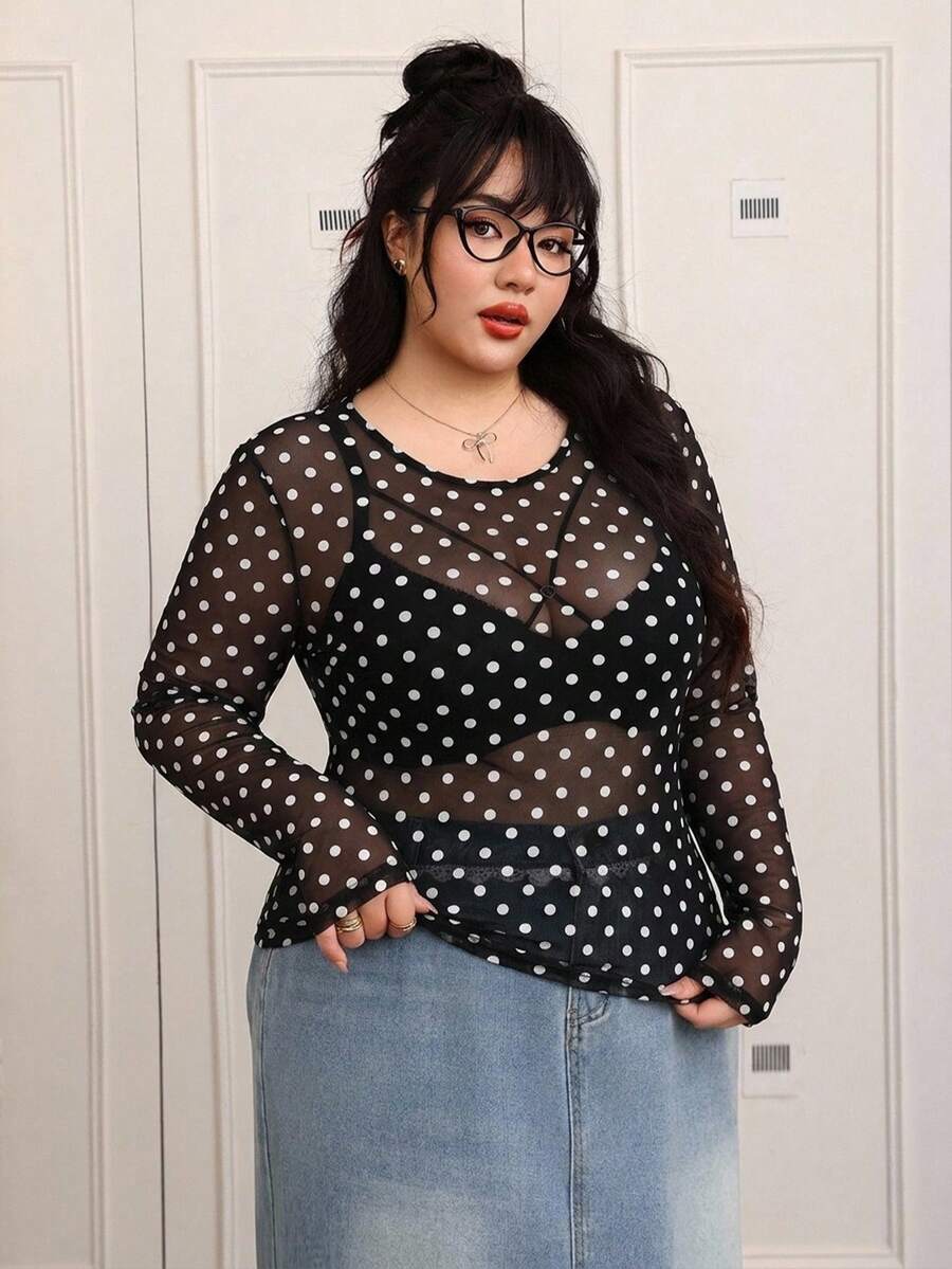 CovetEZ 波點大尺碼女款網紗透視長袖上衣 - 彩色 - 查看 1
