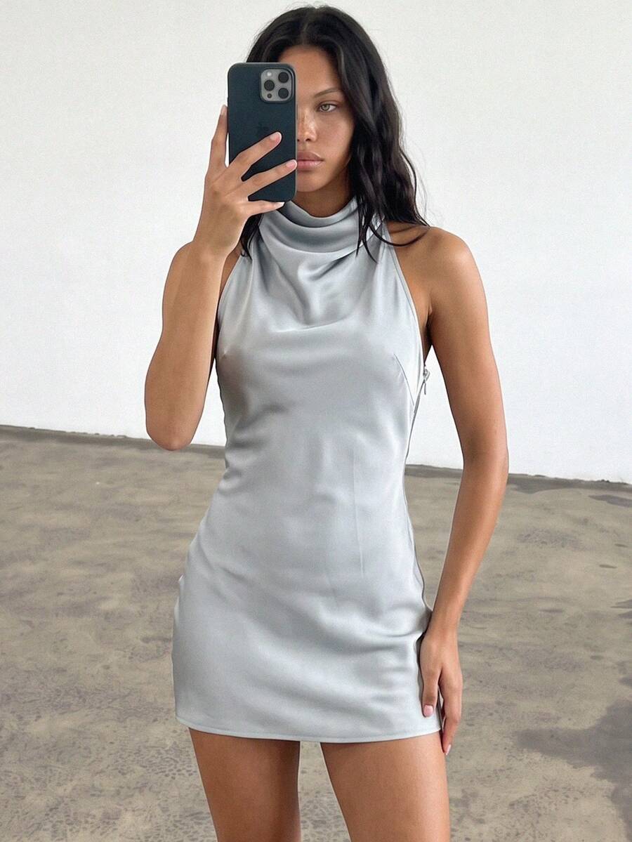KIZN Satin Cowl High Neck Halter Mini Dress Sleeveless Backless Party Evening Summer Night Out - Blue - View 1