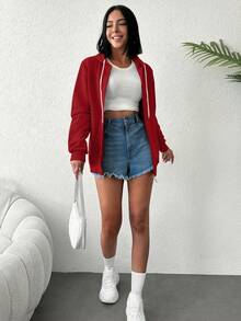 Wovencharm Wovencharm Zip Up Drawstring Hooded Sweatshirt - Red - View 7