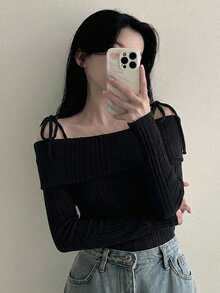 DAZY Kaos Kasual Wanita Lengan Panjang Bergaris dengan Desain Bahu Terbuka, Atasan yang Lucu - Hitam - View 5