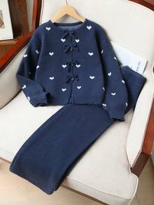Genkimix Kids 2件組青少年女孩針織套裝，可愛甜心與蝴蝶結裝飾開襟長袖外套，搭配百搭寬腿長褲，秋冬款 - 藏蓝色 - 查看 1