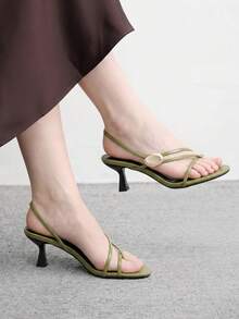CUCCOO BIZCHIC High Heel Round Toe Thong Metal Buckle Strap Sandals Olive Green Cross Straps - Olive Green - View 1