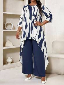 SHEIN Lady طقم قطعتين موضة مقاس كبير أنيق للعمل اليومي بطبعة كاملة وذيل غير متماثل، ملابس علوية وبنطلون، خريف، رسمي للمكتب، أزرق داكن - متعدد الألوان - مشاهدة 6