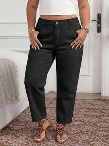 EMERY ROSE Plus Size Casual Pockets Button Versatile Daily Wear Denim Jeans Holiday Vacation Black Summer - Black - View 1