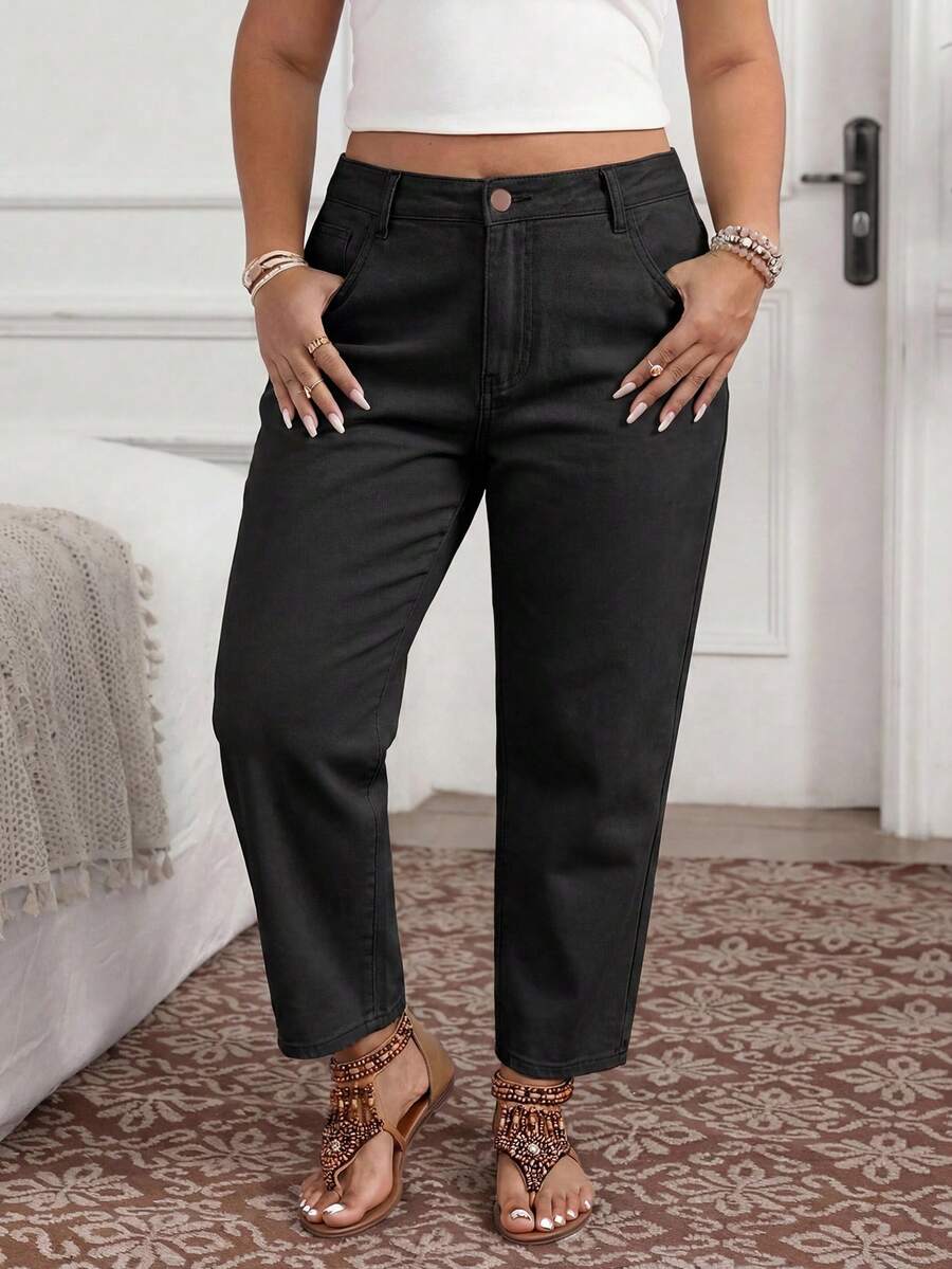 EMERY ROSE Plus Size Casual Pockets Button Versatile Daily Wear Denim Jeans Holiday Vacation Black Summer - Black - View 1