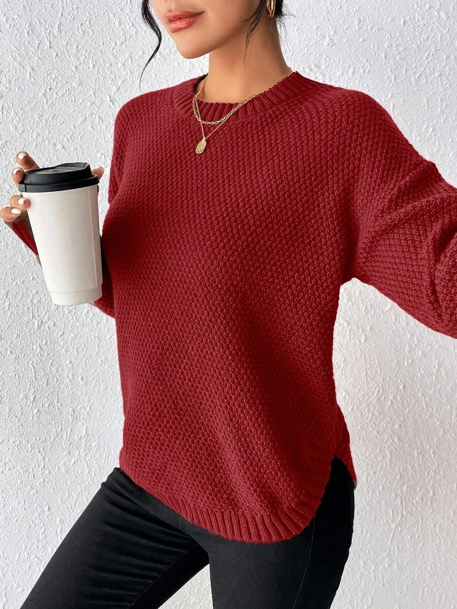 SHEIN 女款純色圓領落肩長袖休閒針織衫 - 紅木色 - 查看 1