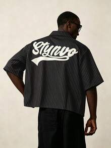 STYNVO Men's Embroidered Striped Short Sleeve Single-Breasted Casual Shirt - Dark Grey - View 4