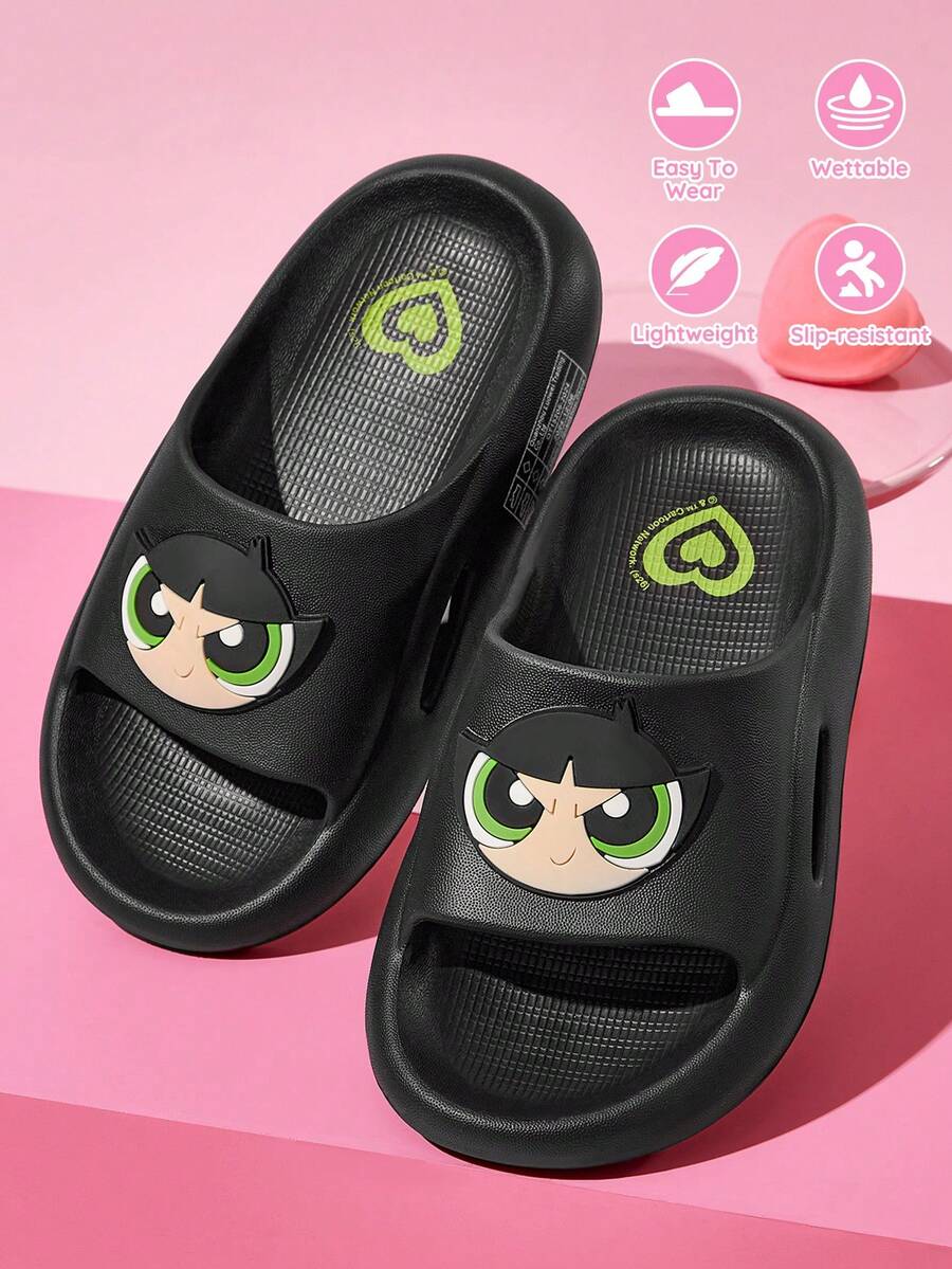 THE POWERPUFF GIRLS X SHEIN 可愛卡通女孩拖鞋,幼兒與兒童快乾浴室拖鞋,輕量耐用 EVA 材質,適合室內外穿著 - 黑色和綠色 - 查看 1