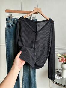 INAWLY Women's Solid Color Casual Versatile Daily Long Sleeve Top Office Charcoal Gray Autumn - Black - View 1