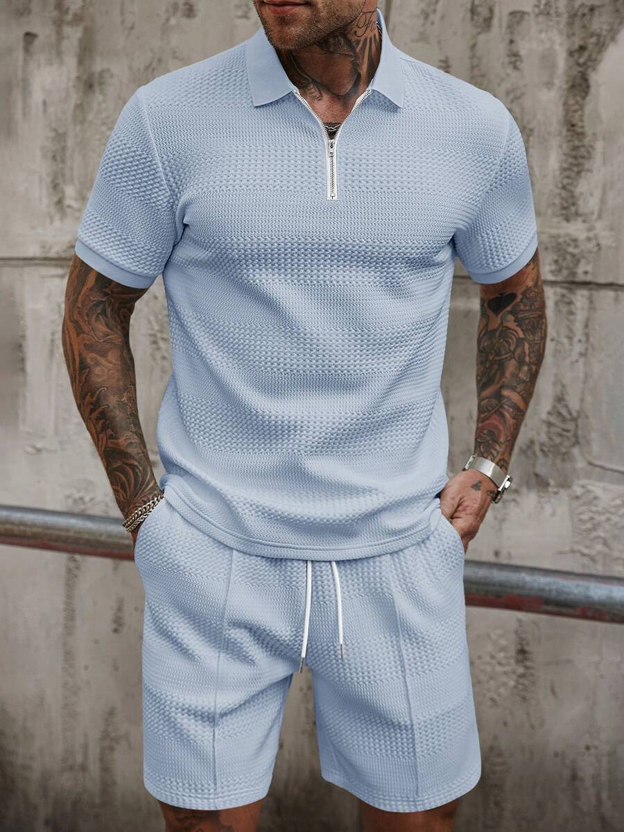 Manfinity Homme Men's Solid Color Short Sleeve Polo Shirt And Shorts Casual Daily Outfit Set - Baby Blue - View 1