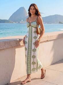 CAJUNI Women's Coconut Tree Print Casual Tropical Vacation Travel Spaghetti Strap Dress Vacation Beach Green Summer - Green - View 3