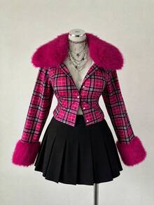 Sunspun Plus Size Fashion Plaid Fur Collar Jacket Fall - Multicolor - View 5