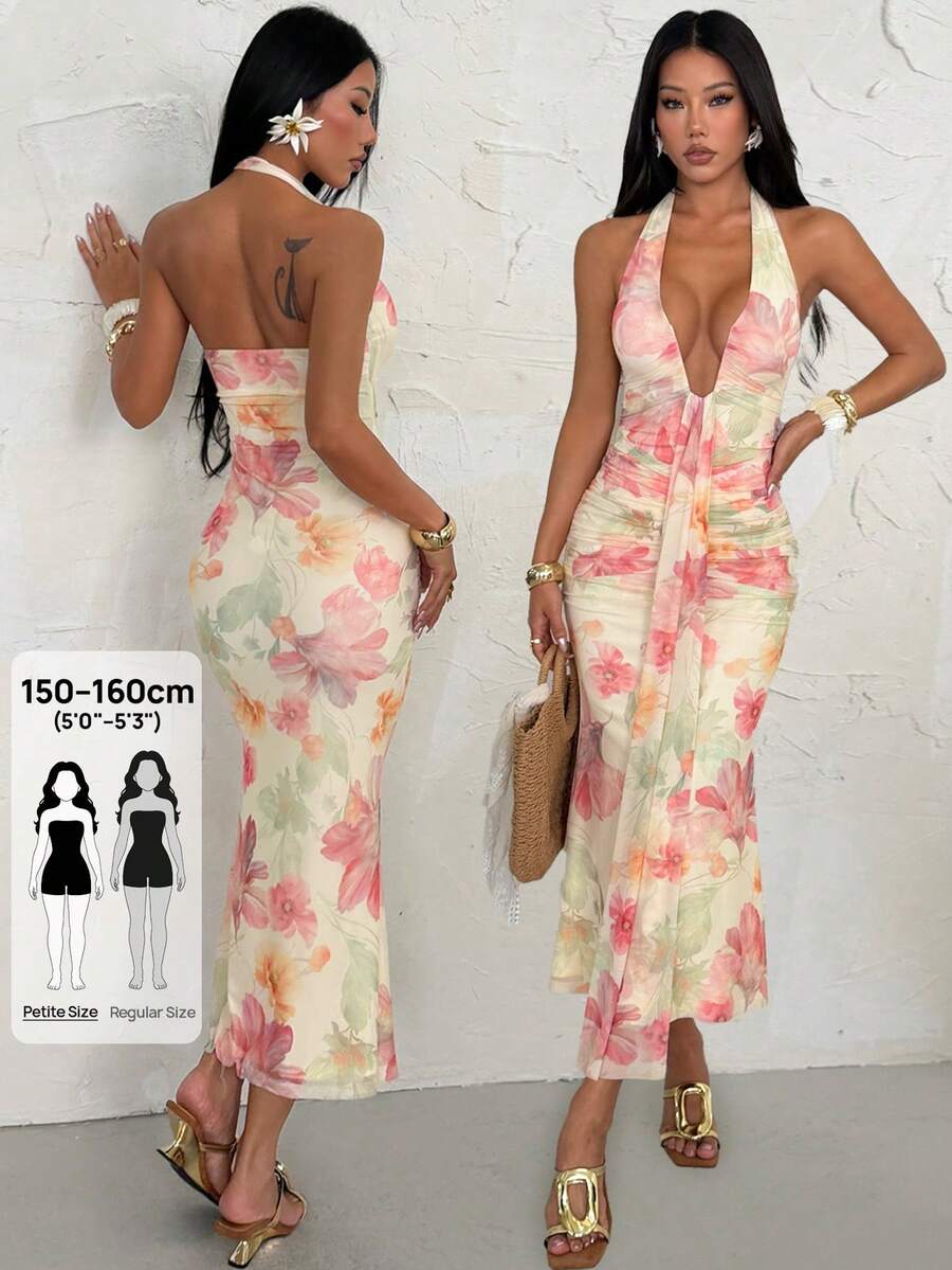 SHEIN PETITE 春夏藤紫色露背蝴蝶結裝飾A字優雅雞尾酒洋裝,適合浪漫約會、派對、正式聚會、伴娘禮服、生日洋裝 - 淡黃色 - 查看 1
