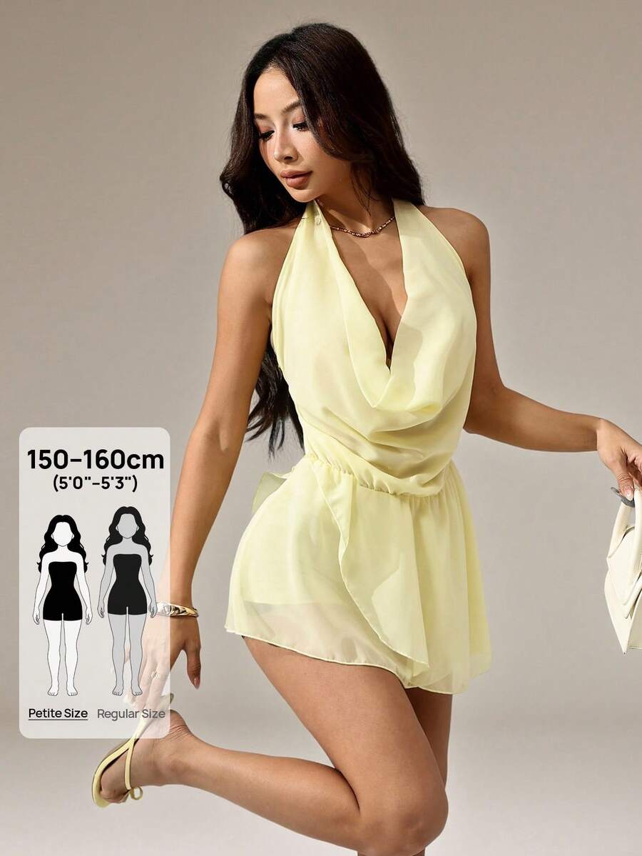SHEIN PETITE New Sexy Backless Solid Color Halter Deep Draped Neck Asymmetrical Ruffle Hem Mini Dress, Suitable For Going Out ,Petite Women - Yellow - View 1