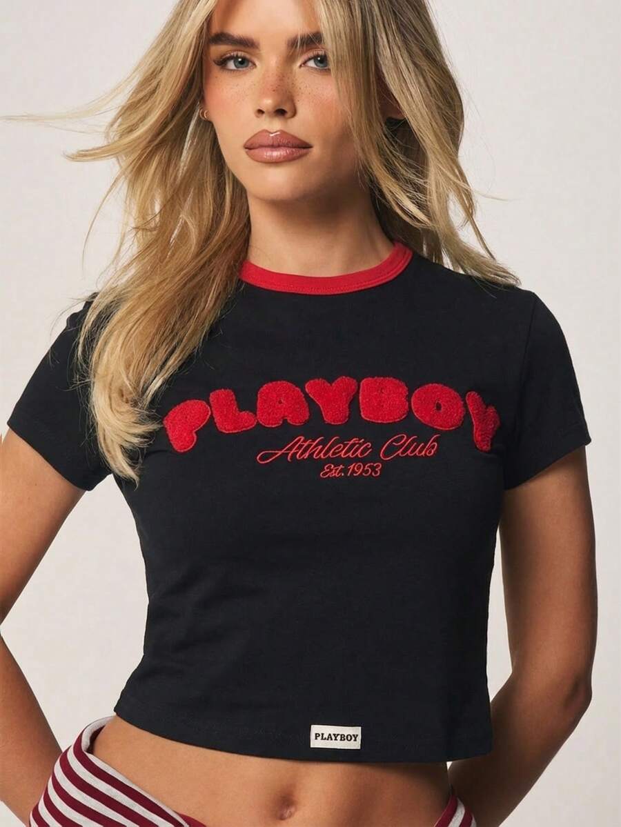 Missguided x Playboy 运动俱乐部短袖印花圆领露脐T恤,街头时尚上衣 - 黑色 - 查看 1