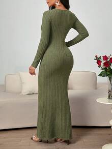 SHEIN Lady Gaun Panjang Ekstra Wanita Elegan Warna Polos dengan Simpul Terpilin dan Model Ekor Ikan - Dark Green - View 2