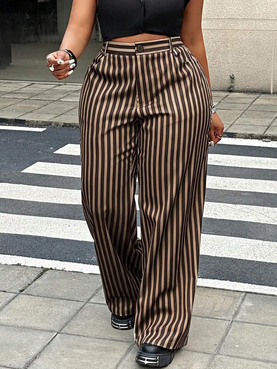 Maweii 大尺碼女款條紋優雅百搭通勤休閒高端西裝長褲 - 咖啡棕 - 查看 1