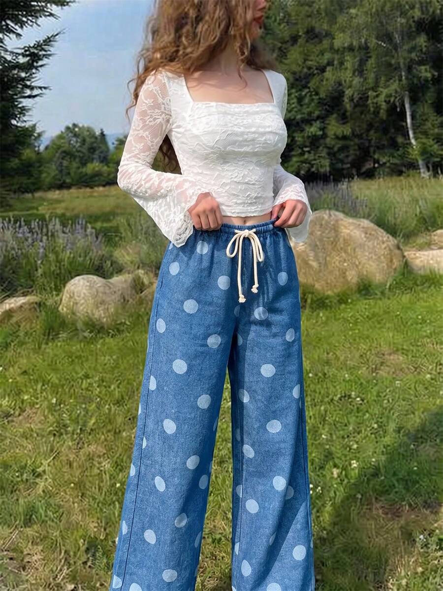 SHEIN MOD Women's Fashionable Polka Dot Print Drawstring Waist Long Pants, Versatile For Vacation - Blue - View 1