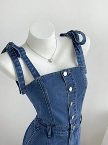 Mori Grove Mori Grove Women's Vacation Bowknot Knot Button Front Multi-Pocket Fashion Blue Denim Jumpsuit Travel Summer Casual - Medium Wash - View 4