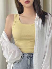 DAZY Women's Cream Yellow Fitted Ribbed Crew Neck Camisole, Summer Thin Clothing - Yellow - View 7