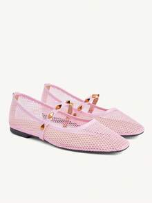 CUCCOO CHICEST 女鞋 春夏鏤空網布鉚釘時尚平底小方頭瑪麗珍鞋 百搭休閒情人節優雅穿搭 - 粉色 - 查看 2