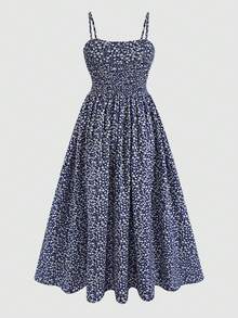 SHEIN Tween Girl Navy Ditsy Floral Dress, Suitable For Vacation, Teenage, Casual Wear - Blue and White - View 2