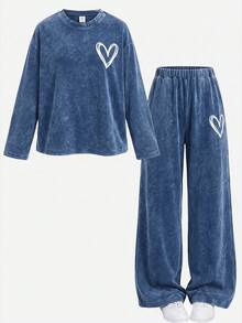 Teen Girls Heart Pattern Blue Knit Denim Loose T-Shirt & Pants 2pcs Set - Blue - View 8