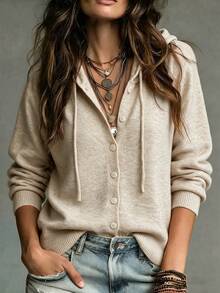 SHEIN Women Drawstring Hooded Knit Cardigan, Autumn Button Front Casual Sweater - Apricot - View 1