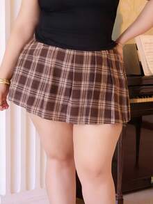 CHERRY TINTT SELECTION Plus Size Brown Checkered Apocalypse Music Festival Mini Skirt Plaid Skirt,Back To School - Brown - View 4