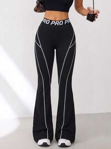 SHEIN Sports Women's Summer Black Tight Sexy Soft Sports Long Pants With Slogan, High Elastic Waistband, Front Color Block Line Design, Flared Leg, Fashionable - Black - View 6