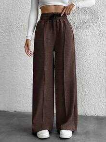 WovenCharm Pantalones de pierna ancha con cintura de cordón, talla pequeña - Marrón - Ver 2