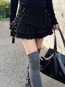 FRIFUL Women's Raw Hem Pleated Casual Goth Versatile Daily Denim Mini Skirt Night Out Black Summer - Black - View 9