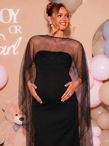 Loomaby Maternity Polka Dot Mesh Shawl And Bandeau Dress Elegant 2 Pieces Set - Black - View 8