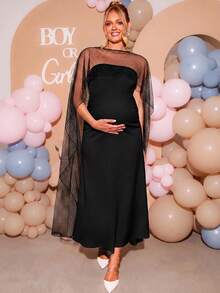 Loomaby Maternity Polka Dot Mesh Shawl And Bandeau Dress Elegant 2 Pieces Set - Black - View 9