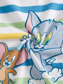 TOM & JERRY X SHEIN 男嬰拼接色條紋寬腿印花連身衣 - 藍色 - 查看 5