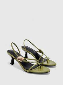 CUCCOO BIZCHIC High Heel Round Toe Thong Metal Buckle Strap Sandals Olive Green Cross Straps - Olive Green - View 5