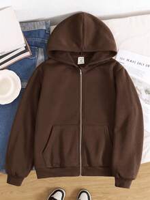 SHEIN 青少年女孩秋冬休閒連帽外套 - 咖啡棕 - 查看 5