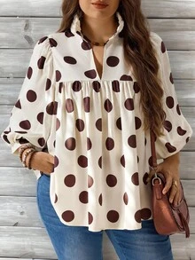 EMERY ROSE Plus Size Women's Long Sleeve Polka Dot Print Stand Collar Blouse - Multicolor - View 1