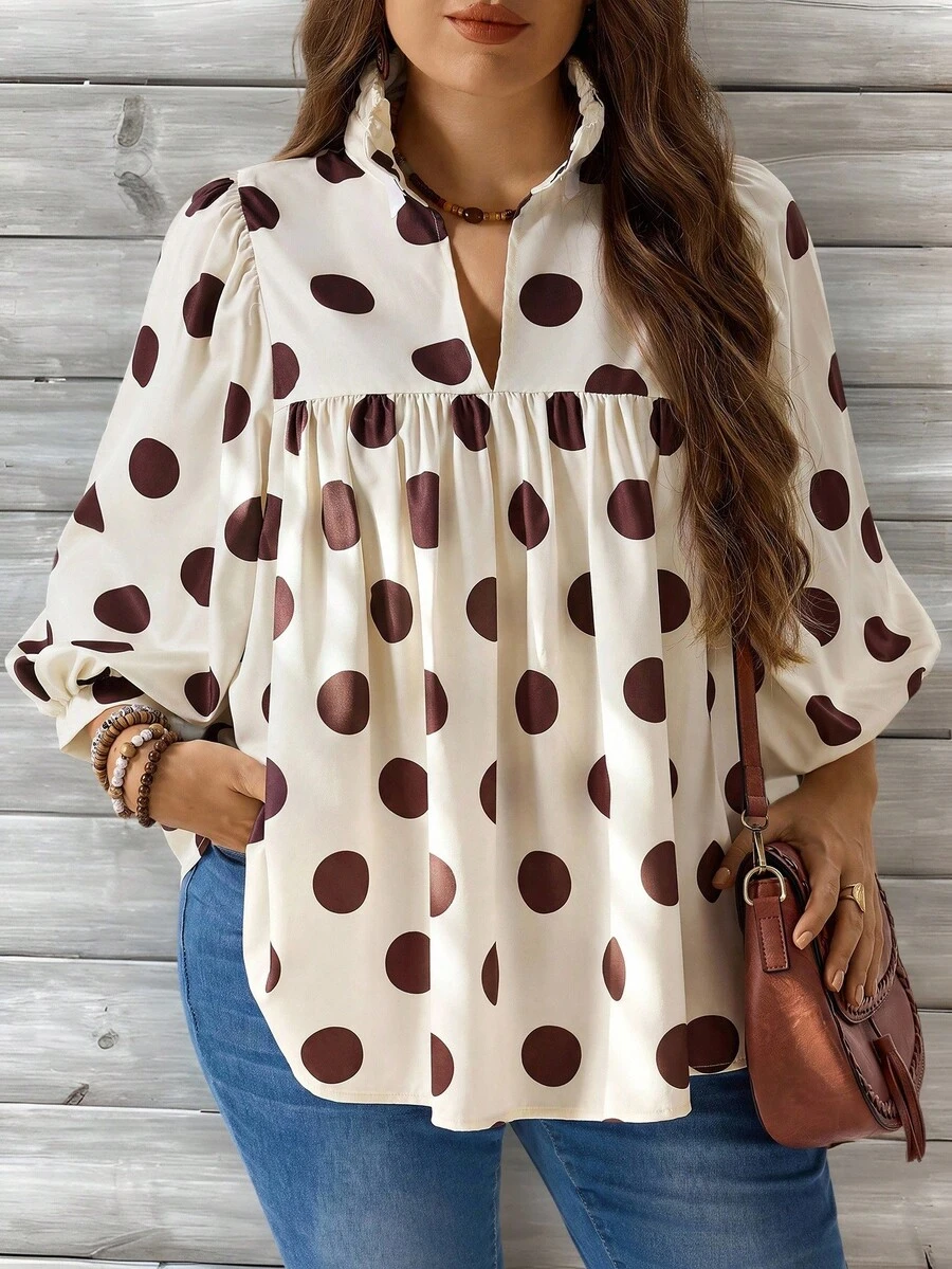 EMERY ROSE Plus Size Women's Long Sleeve Polka Dot Print Stand Collar Blouse - Multicolor - View 1
