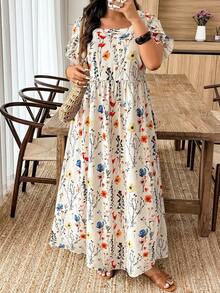 Breezaya Random Print Casual Holiday Style Digital Print Plus Size Short Sleeve Dress - Multicolor - View 1