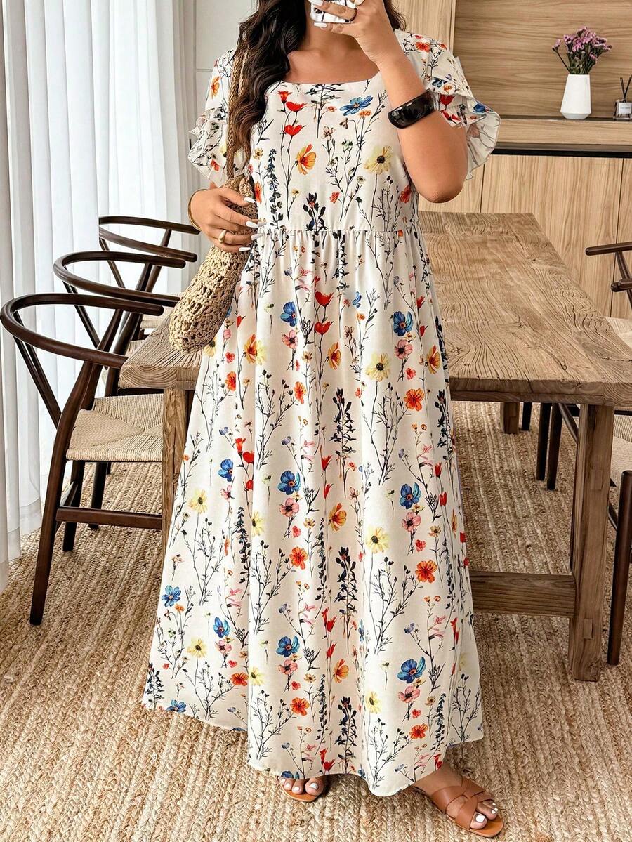 Breezaya Random Print Casual Holiday Style Digital Print Plus Size Short Sleeve Dress - Multicolor - View 1