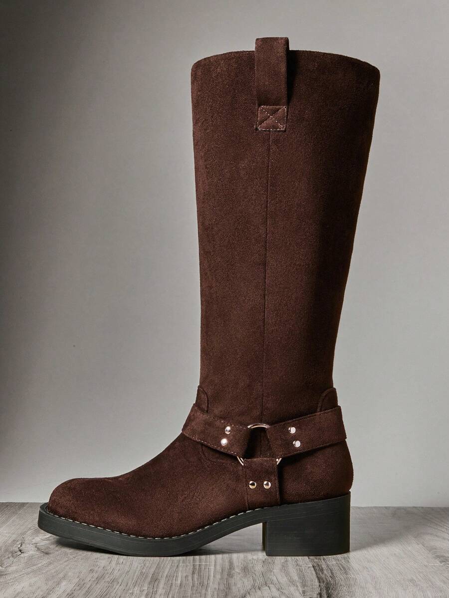 SHUZIA Women Winter Warm Fashion Comfortable Block Heel Faux Suede Mid-Calf Combat Boots With Strap And Hardware Decor - Chocolate Brown - View 1