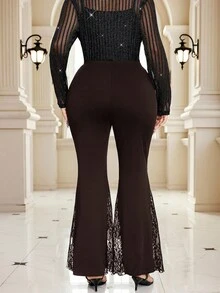 SHEIN Clasi 大尺碼緊身彈性蕾絲拼接黑色喇叭褲 - 咖啡棕 - 查看 2